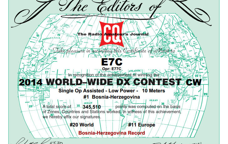 E7C CQWW 2014 CW certificat